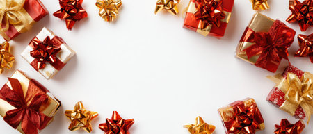 Various gift boxes are arranged against a white backdrop, each adorned with decorative bows of red and gold. The composition employs overhead lighting to showcase the textures and colors, suggesting a festive environment suitable for a range of promotional or celebratory applications.の素材