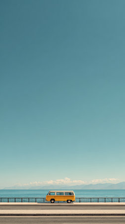 A vibrant yellow van travels along a road near the ocean under a clear blue sky. The composition features a long horizontal road and a sea horizon. The lighting suggests a bright day, while the style conveys simplicity. This image could be used for various purposes such as travel and transportation themes.の素材