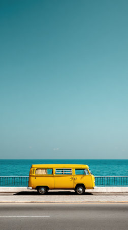 A yellow bus is parked on a road next to the sea. The image showcases a bright composition with contrasting colors. The scene has a clean aesthetic with a focus on simplicity. This image can be used for travel, tourism, and transportation themes, suitable for various commercial purposes.の素材