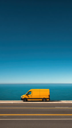 A yellow commercial van is positioned on a road, juxtaposed against a serene backdrop of the sea and sky. The image features a vibrant color palette, with the yellow of the van contrasting with the blue hues. This image may be suitable for transport, logistics, and delivery concepts.の素材
