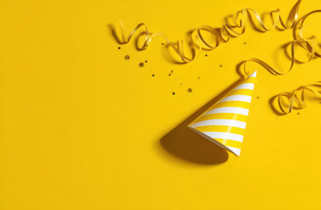 A festive image showcases a party hat with yellow and white stripes and swirling ribbons set against a vibrant yellow backdrop. The composition features a top-down view, casting a clear shadow. This imagery is suitable for various applications, including advertising, celebratory event promotion, and other related visual projects.の素材