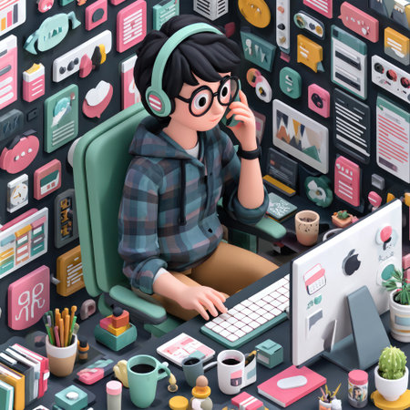 A person is depicted at a desk, engaged with a computer. The scene is filled with colorful components like screens and accessories. Bright lighting and a detailed rendering provide a modern atmosphere, suggesting a workplace environment suitable for diverse commercial uses.の素材