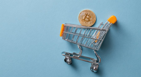 A miniature shopping cart holds a bitcoin coin, set against a solid blue backdrop. The image features a clean, overhead composition with sharp focus. It uses bright colors and demonstrates a modern aesthetic. Suitable for various applications related to finance, investment, or online commerce.の素材