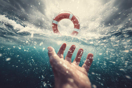 A close-up captures a hand reaching towards a red and white life preserver floating in churning water. The scene employs a dynamic composition with splashing water, strong lighting, and a textured, underwater environment. This image could be suitable for illustrating concepts of rescue, support, or crisis management in various commercial projects.の素材