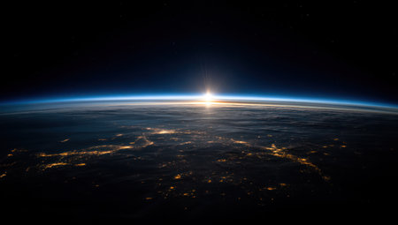 This image showcases Earth from space with a sunrise illuminating the horizon. The dark blue atmosphere contrasts with the bright sunlight, creating a dramatic visual. City lights twinkle below, suggesting populated areas. This photograph is suitable for various commercial uses, including educational materials and editorial projects.の素材