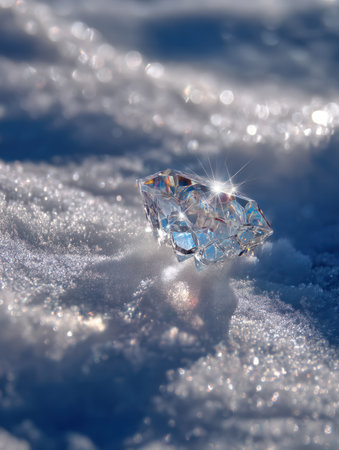 A radiant diamond rests on a bed of fresh, textured snow, illuminated by strong sunlight. The composition features a shallow depth of field, emphasizing the gem's brilliance and the crystalline nature of the snow. The image could be suitable for various commercial or editorial applications related to luxury or natural beauty.の素材