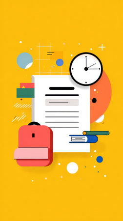 An illustration features a document, clock, and backpack against a yellow background. The composition uses a flat vector style with geometric shapes and a bright color palette. Suitable for educational or commercial projects, the artwork implies concepts related to study or time management. The design is presented in a clean, modern aesthetic.の素材