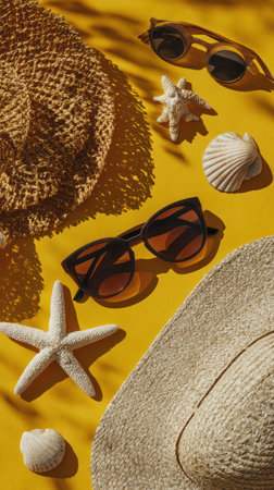 An overhead view reveals summer items on a yellow surface, including sunglasses, hats, and seashells. The composition features a vibrant color palette, with harsh shadows adding depth. Suitable for various projects, this image could be utilized for advertising campaigns or editorial content related to vacations.の素材