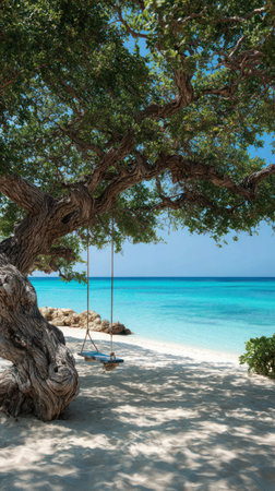 A swing hangs invitingly from a large tree on a sandy beach. Turquoise water meets a clear blue sky under bright daylight. The composition features natural elements, emphasizing calm and serenity. This image is well-suited for various uses, including travel brochures and vacation-themed content.の素材
