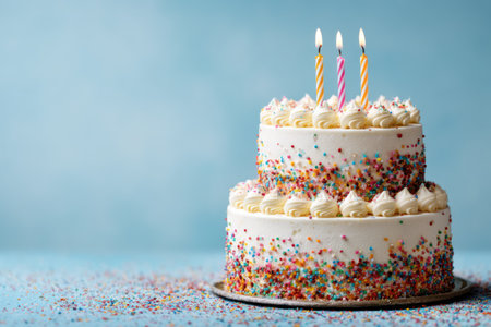A two-tiered cake with white frosting is decorated with colorful sprinkles. Three lit candles sit atop the cake. The composition is set against a soft, light blue background. The overall style is clean and bright, suitable for celebratory themes and visual content.の素材