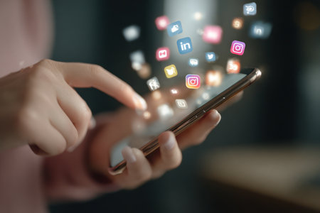 A person is interacting with a smartphone, with colorful social media icons floating above the device. The composition features a close-up view with soft lighting, suggesting an indoor setting. This imagery is suitable for illustrating digital communication, networking, and technology concepts in various commercial contexts.の素材