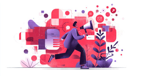 An illustration depicts a man running and holding a megaphone. The artwork features vibrant red and purple hues, composed with geometric shapes and a modern illustrative style. The image portrays communication and announcements and may be useful for promotional or advertising concepts. This graphic is set against a white background.の素材