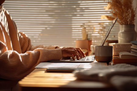 A person is typing on a laptop at a desk near a window with blinds. The scene features warm sunlight, soft textures, and a cozy atmosphere. Various office supplies and decorative elements are present. This image could be used for lifestyle, work-from-home, or editorial content.の素材