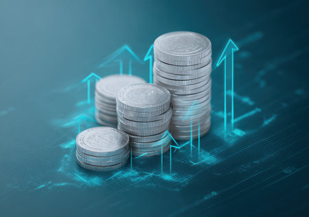 This image presents stacks of coins with upward-pointing arrows, suggesting financial growth. The illustration employs a cool color palette with a blue background, enhancing the visual focus on monetary concepts. The composition could be used for articles, presentations, or advertisements related to business, economics, and investment strategies.の素材