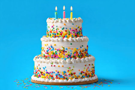 A three-layered cake, adorned with vibrant sprinkles and lit candles, is featured against a simple blue backdrop. The cake is captured with studio lighting, showcasing the textures of frosting and decorations. This image may be suitable for advertisements or celebratory content.の素材