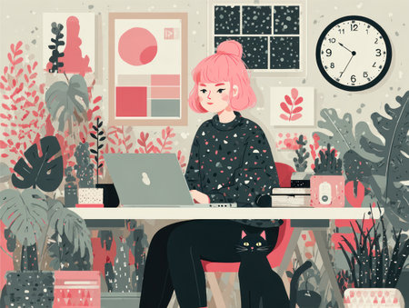An illustration depicts a woman working on a laptop at a desk within a home office setting. The artwork utilizes a pastel color palette, featuring various indoor plants, a clock, and decorative elements. The scene conveys a sense of productivity and peacefulness, suitable for various commercial uses.の素材