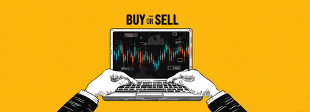 Illustration depicts a person using a laptop to analyze financial data. The image showcases a graphic representation of stock market fluctuations displayed on the screen, highlighted with contrasting colors against a yellow background. This visual could be used in finance and business publications.の素材