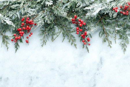 Evergreen branches dusted with snow and adorned with bright red berries are featured against a white background. The composition highlights a textured surface, exhibiting cool tones, natural lighting, and overhead view. This imagery is suitable for various commercial uses, including seasonal promotions and illustrative purposes.の素材