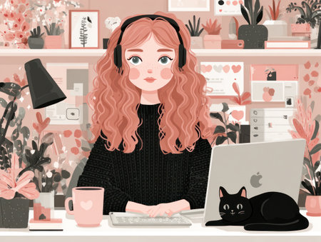 An illustration depicts a woman using a laptop, accompanied by a black cat. The scene has a soft color palette with a cozy interior. The lighting is soft and warm. The composition may be suitable for websites, articles, or social media content, and could be utilized for various creative projects.の素材
