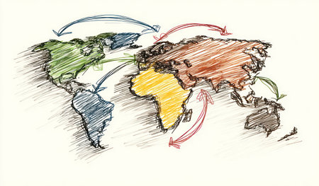An illustrated world map features continents rendered in various colors with curved arrows. The artistic style suggests a sketched look, utilizing lines and shading. The composition indicates interconnectedness and global activity. This visual could be used for concepts related to international relations, or global business. It also suits educational purposes.の素材