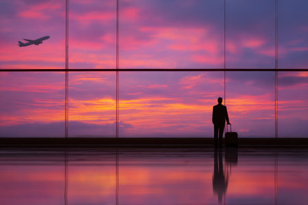 An airport interior showcases a silhouetted figure standing near a window, gazing at a departing plane against a vibrant sunset. The composition features strong reflections and a gradient sky with shades of purple and orange. This image could be used for travel, business, or lifestyle themes.の素材