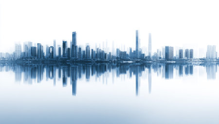 An artistic depiction presents a city skyline reflected in water, showcasing a digital blur effect. The color palette primarily features shades of blue and white, with buildings and their reflections creating a symmetrical composition. The image could be used for various commercial projects related to urban landscapes, design, or abstract themes.の素材