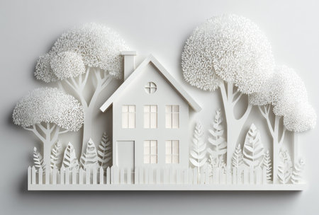 This image showcases a paper cutout of a house nestled among trees and a fence, all rendered in shades of white. The composition features intricate details and a clean, minimalist aesthetic. It could be used in design projects, advertisements, or visual storytelling to evoke feelings of calm and serenity.の素材
