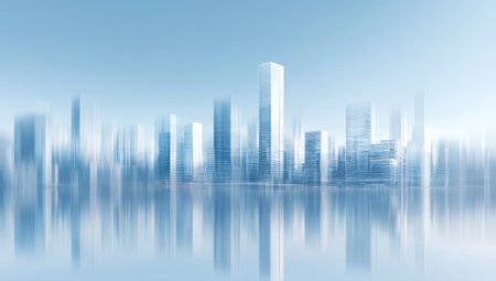 An artistic representation presents a city skyline, depicted with a soft focus and subtle blue hues. The image features architectural forms reflected in a calm surface, possibly water. The composition utilizes blur effects to create a serene atmosphere. Suitable for a variety of projects, including digital marketing and creative content.の素材