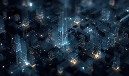An aerial view presents a digital cityscape rendered in cool blues and accented by warm lights. The composition highlights interconnected structures and glowing lines suggesting data flow. This modern graphic could be used for illustrating technology, networks, or urban development concepts in various commercial contexts.の素材