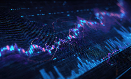 This image showcases an abstract digital representation of financial data analysis. Vivid blue and purple glowing lines and patterns create a dynamic composition. The style is modern, with a focus on technological elements. Suitable for various applications related to business, finance, and technology.の素材