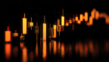 An artistic representation of financial data is depicted. Bright yellow bars contrast against a dark background, suggesting a nighttime scene or focused lighting. The composition implies market fluctuations and is suitable for illustrating business, finance, and investment themes. The overall aesthetic is modern and potentially usable in various commercial contexts.の素材