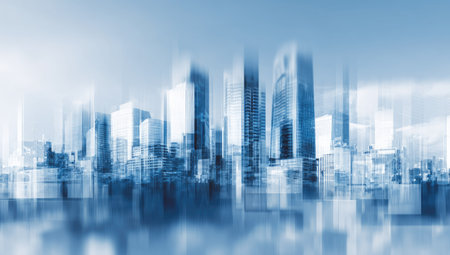An artistic depiction of a cityscape featuring tall skyscrapers and a water reflection. The image presents a blurred effect, with shades of blue and white creating an abstract and ethereal ambiance. The composition, color palette and style lend it to various commercial applications, including website design and marketing materials.の素材