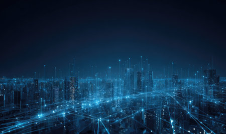 An abstract depiction showcases a cityscape constructed with glowing blue lines and structures. The image uses a low-angle perspective, creating a sense of depth and vastness. The lighting suggests a futuristic environment. The scene is suitable for use in technology-related projects, promoting innovation and digital concepts.の素材