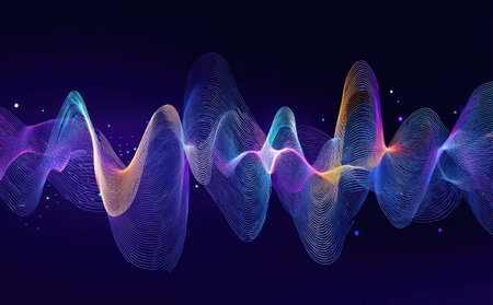 An abstract illustration depicts vibrant, flowing waveforms in shades of blue, purple, and yellow against a dark background. The composition suggests motion and energy, utilizing a digital art style. This image is suitable for various applications, including website design, advertising, and editorial content relating to technology or data visualization.の素材