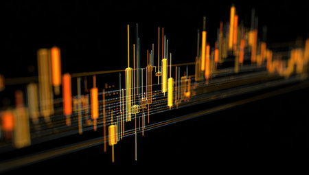 This image features a vibrant, abstract representation of financial data. Illuminated vertical bars, resembling candlestick charts, are displayed against a dark background. The composition suggests financial analysis and market trends, potentially suitable for business presentations or investment-related content. The style is modern, with a focus on visual impact.の素材
