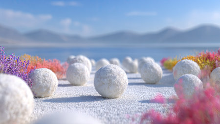 This image features numerous spherical objects arranged across a textured surface. The visual elements include soft textures, blurred backgrounds and a combination of pastel colors. The composition suggests an outdoor environment with mountains and a clear sky, suitable for conceptual, decorative, or artistic purposes.の素材