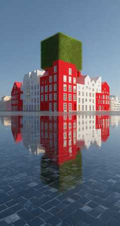 An illustration presents a cluster of buildings in red and white tones, with a large green cube structure on top. The buildings reflect in the water below, with a clear blue sky background. This image is likely suitable for architectural, design, or conceptual uses, providing visual interest.の素材