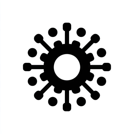 This abstract illustration features a central gear shape surrounded by radial lines and connected circles, all in black. The design presents a modern and simplified style, with a flat composition. It could be suitable for use in various contexts, including technology, business, or design presentations. The image is clean and suitable for commercial applications.の素材