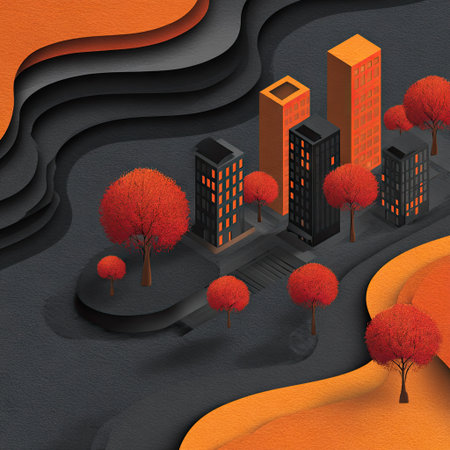 An artistic depiction presents a city scene with paper-cut style buildings and trees. The illustration utilizes a palette of orange, black, and gray, creating depth and contrast. Overhead lighting emphasizes the textures, and the composition suggests a modern, design-focused aesthetic suitable for various commercial uses.の素材