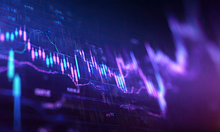 An abstract financial trading graph is shown with dynamic lines and data visualizations. The composition uses dark blue and purple hues, with a shallow depth of field. This image is suitable for illustrating business, finance, and technology-related articles, presentations, or marketing materials.の素材