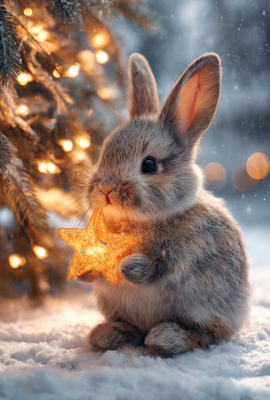 A fluffy bunny sits holding a glowing golden star in a snow-covered environment, possibly outdoors or in a studio setting. The image uses soft focus, with warm light contrasting with the cool tones of the snow. The scene suggests a celebration, suitable for various holiday or greeting card applications.の素材