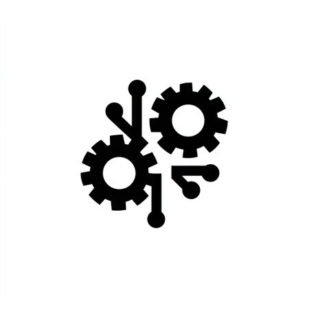 An isolated black gear mechanism illustration is presented against a clean white backdrop. The graphic features interlocking gears and circuit-like components, rendered in a simple, minimalist style. The composition suggests connectivity and technological processes, potentially suitable for business, science, or design-related applications, offering copy space.の素材