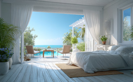 An open doorway reveals a sunlit bedroom with a view of a pool. White walls and wooden floors provide a minimalist aesthetic. Soft, natural lighting bathes the interior. This serene environment is suitable for use in promotional material or editorial content related to home decor and vacation.の素材