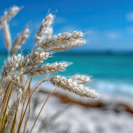 This image features detailed wheat stalks against a blurred backdrop of a blue sky and ocean. The composition showcases warm tones and natural textures, potentially suitable for various uses. The bright lighting suggests a daytime setting. The scene evokes a sense of nature and serenity and could be used in various commercial or editorial contexts.の素材