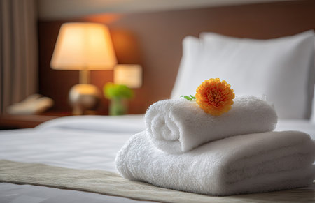 Two white rolled towels are neatly stacked on a bed, adorned with a single orange flower. Warm lighting emanates from a bedside lamp, casting gentle shadows. The scene suggests a hotel interior, with soft textures and a focus on cleanliness, making it suitable for hospitality and relaxation concepts.の素材