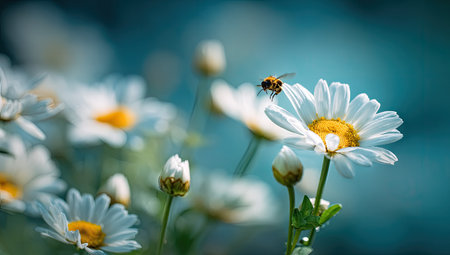 A close-up captures a white daisy with a bee perched upon its petals. The composition features a shallow depth of field, with soft focus on the blurred background. The scene suggests a daytime environment with natural sunlight and vibrant colors, suitable for various editorial and commercial applications.の素材