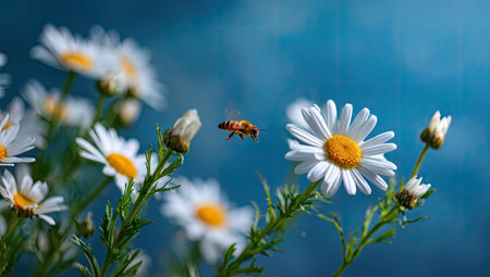 A bee flies near several daisies, showcasing white petals and yellow centers. The image presents a shallow depth of field, with soft focus on some elements. The composition is vibrant, featuring natural lighting and a bright blue background. This image is suitable for various commercial uses, including website design and print media.の素材
