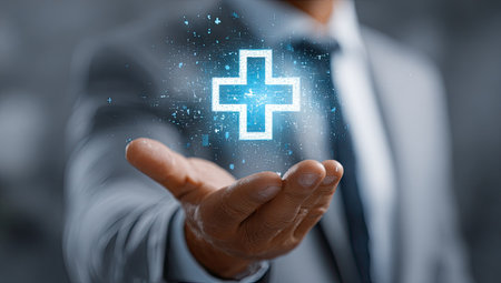 A close-up view shows a person's hand with a floating medical cross symbol. The hand is gently open, illuminated with a blue, glowing cross. The background suggests a professional context, with soft focus and muted colors. Suitable for healthcare promotions or medical technology themes.の素材