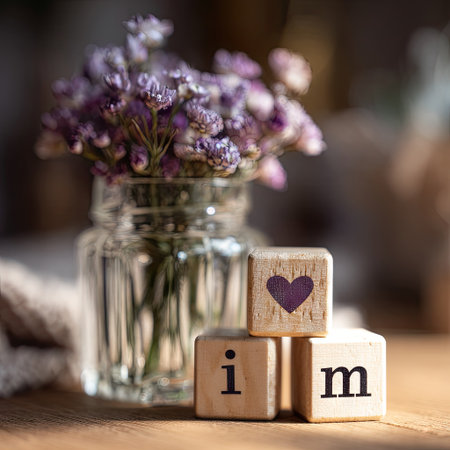 This image showcases delicate purple flowers in a clear glass vase, arranged with wooden blocks spelling "i m." The composition features soft lighting, warm tones, and a shallow depth of field, emphasizing the foreground. The image presents a gentle aesthetic suitable for various applications, including print and digital media.の素材