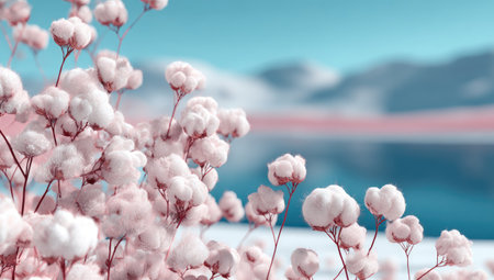 This image showcases delicate pink flowers in the foreground, contrasted against a softly blurred background. The composition features shades of blue and white, possibly suggesting a natural environment. The image is suitable for various commercial uses, including website backgrounds or editorial content.の素材
